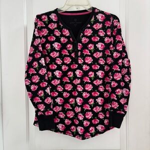 Betsey Johnson Henley Black Pink Roses Long Sleeve Sleep Shirt